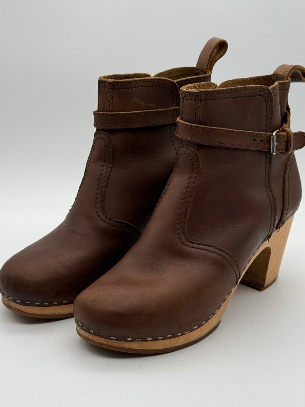 Swedish Hasbeens Jodhpur Brown Leather Ankle Clog Boots Size 10